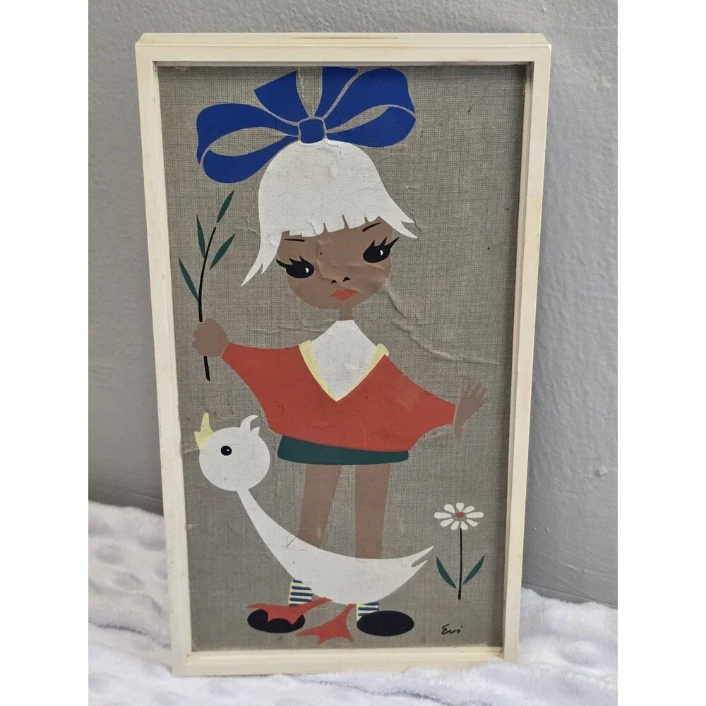 Vintage Tresor Verlag Wall Bank Mid Century Modern Big Eyes Girl Duck Flower Art